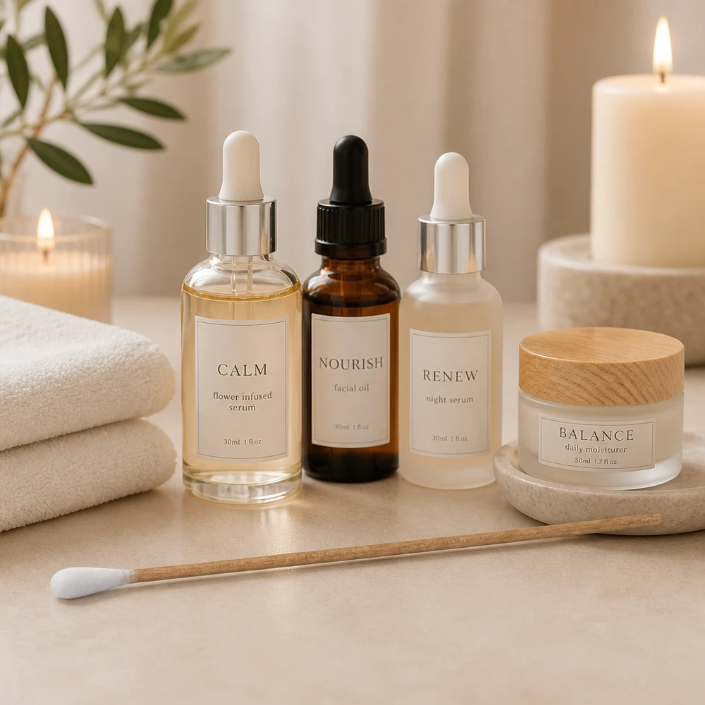 Bastoncillos de algodón no estériles con mango de madera, junto a los productos para el cuidado de la piel Calm Serum y Balance Moisturizer