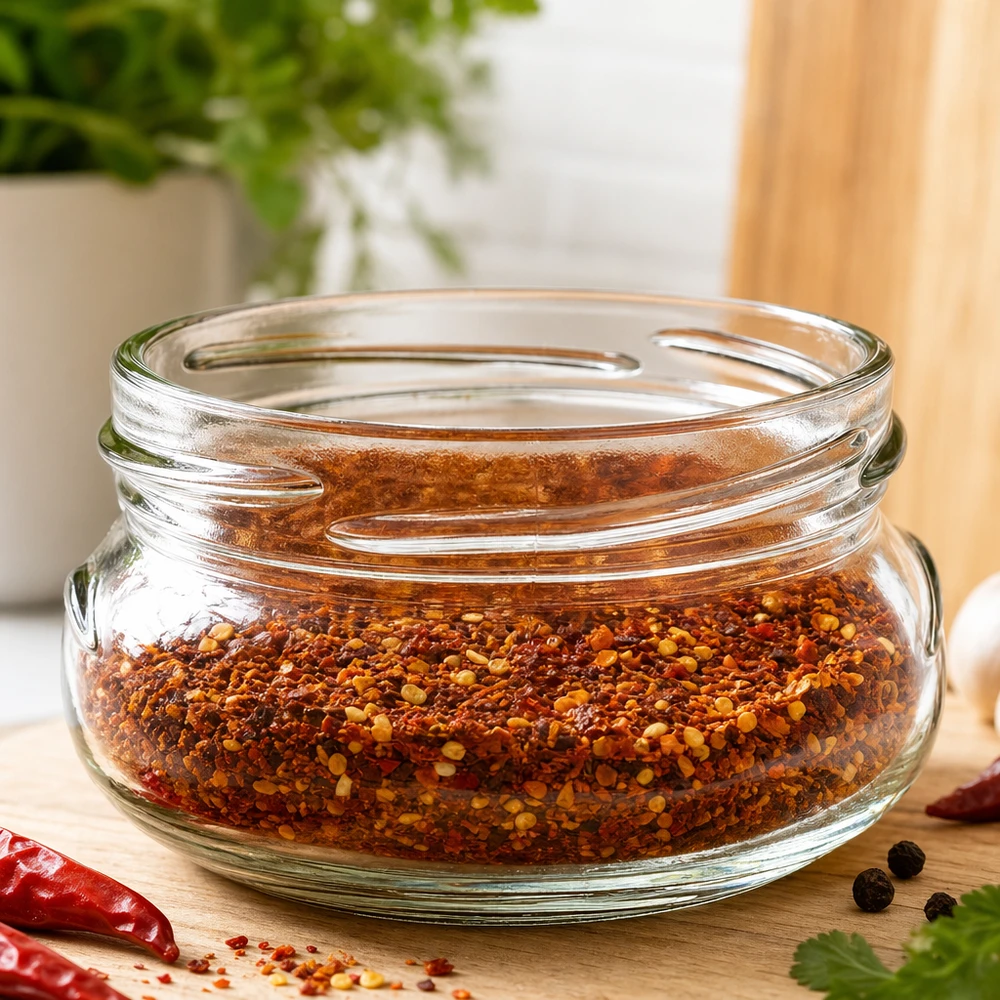 Tarro para terrina de 120ml sin tapa (TO70) UNiTWIST UNiTWIST Terrina120 tarrina 120ml TO70 con mezcla de especias chili sobre tabla de madera en cocina