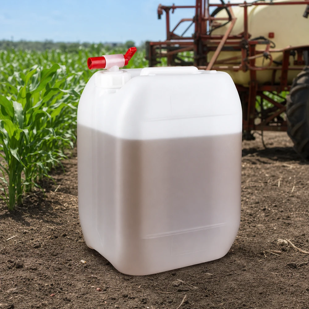 Bidón blanco de 10 litros con grifo de salida rojo en un campo de cultivo junto a un cultivo de maíz y un tractor pulverizador