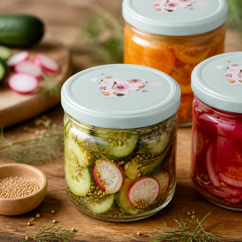 Vasos de 260 ml rellenos de verduras encurtidas, tapa BasicSeal con motivo de corazón, pepinos y rábanos encurtidos