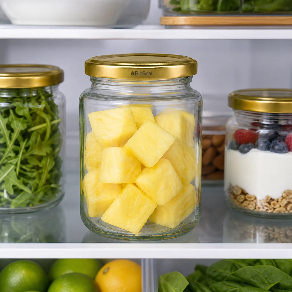 UNiTWIST Runda382 con tapa TO66 BioSeal en el frigorífico, trozos de piña conservados frescos, tarro de almacenamiento Meal Prep
