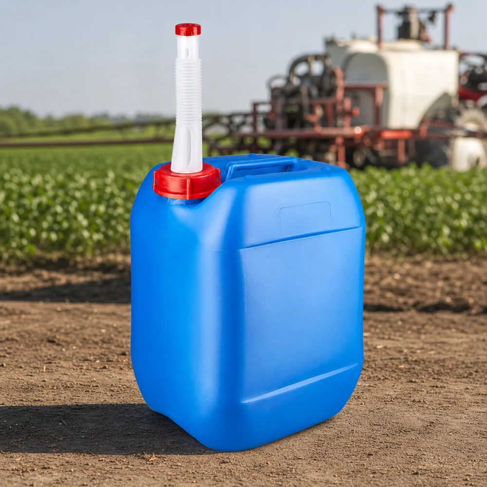 Bidón azul de 10 litros con tubo de salida flexible en un campo, junto a un pulverizador agrícola