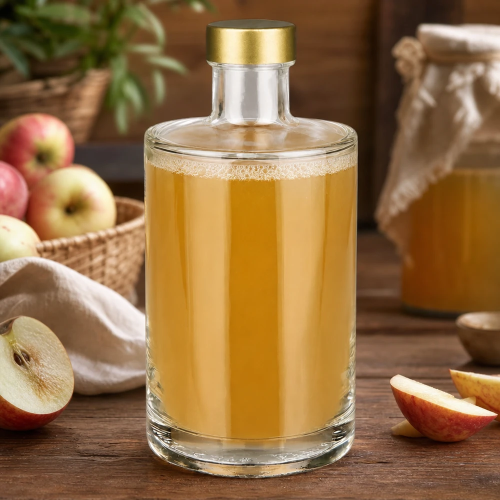 Botella de vidrio de 375 ml «Sam» + tapón de rosca dorado UNiTWIST® 375ml Glasflasche Sam mit Apfelsaft befüllt goldener Schraubverschluss UNiTWIST frische Äpfel Obstverarbeitung