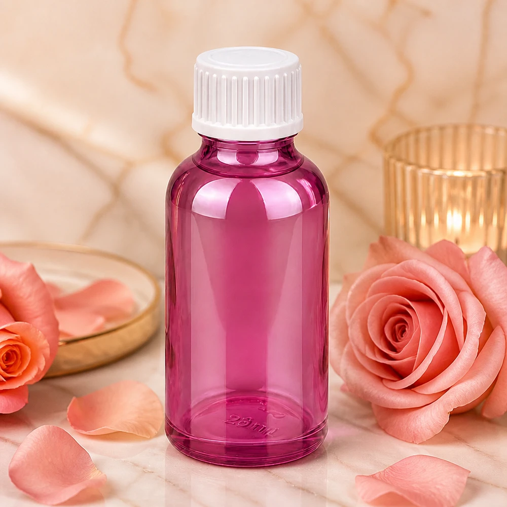 Frasco cuentagotas de 30 ml de plástico de alta calidad de color púrpura transparente con tapón blanco