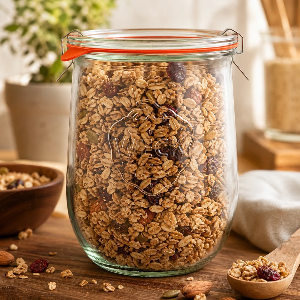 1062ml tarro tulipán completo WECK RR100 Tarro tulipán RR100 WECK de 1062 ml lleno de muesli y frutos secos como tarro de almacenaje en la cocina con tapa abatible