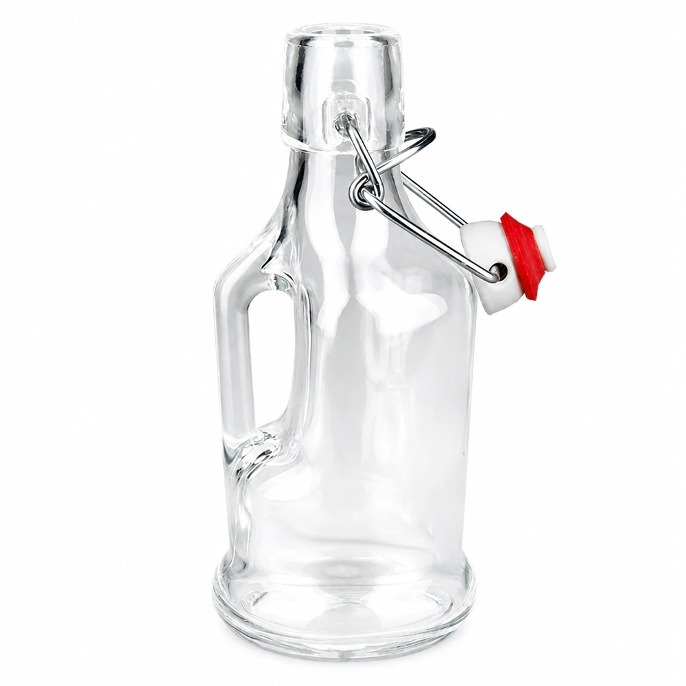 Botella de vidrio de 200 ml «Bertha» y tapón de PVC UNiTWIST® Botella de cristal Bertha 200ml con anillo de cierre rojo en la parte superior abatible, cristal transparente, asa lateral