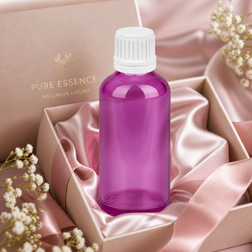 Elegante frasco de 50 ml de diseño violeta con tapón blanco para esencias de alta calidad