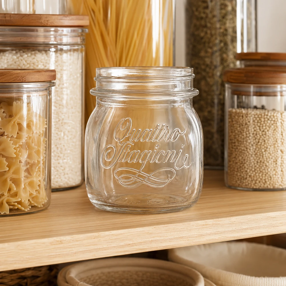 Tarro doméstico Quattro Stagioni de 250 ml vacío en un estante de madera entre tarros de almacenaje llenos de pasta y cereales