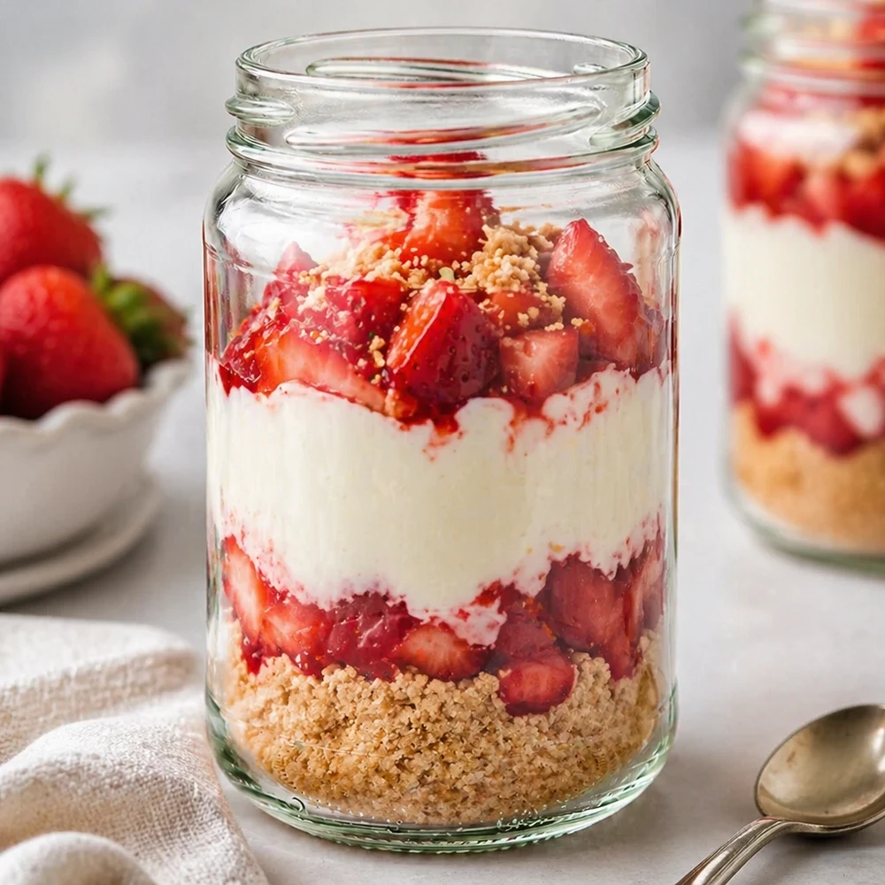 Tarro de cristal redondo de 305ml sin tapa (TO63) UNiTWIST Tarro redondo de 305 ml lleno de fresas para postre muestra Tarro de conserva UNiTWIST Runda305 TO63 para postres en capas y yogur
