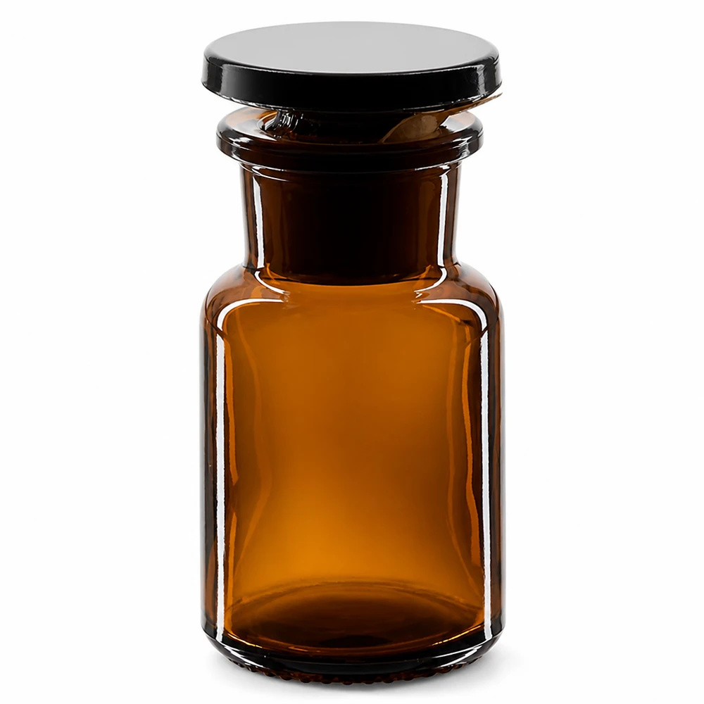 Frasco hombro redondo 50ml marrón cuello ancho tapón de vidrio Frasco marrón de hombros redondeados de 50 ml con tapón de cristal y cuello ancho, para laboratorio y farmacia