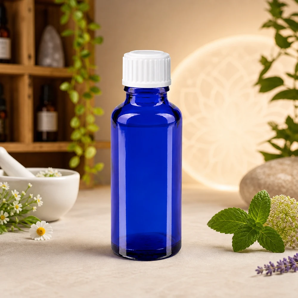 Botella de farmacia azul 30ml tapón rosca glóbulos blanco estándar Frasco de cristal azul de 30 ml con tapón de rosca blanco, entre menta fresca y flores de manzanilla