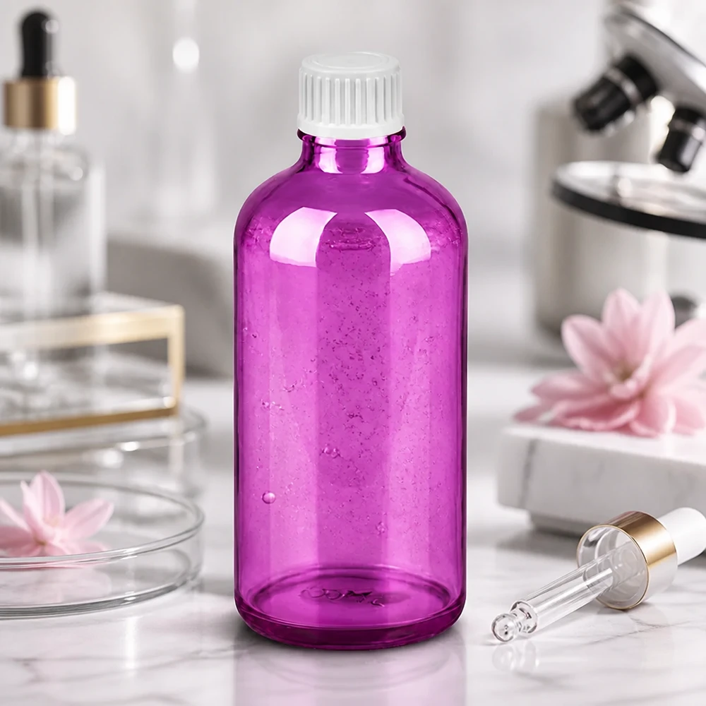 Frasco de vidrio violeta de 100 ml con gotero de precisión para aplicaciones cosméticas y de laboratorio