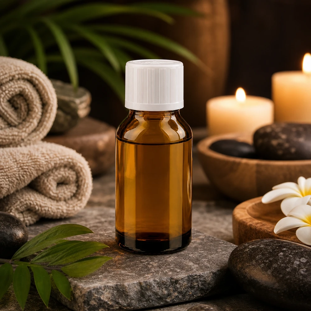 Aceite esencial en un frasco de cristal marrón de 15 ml con tapón de rosca blanco, en un ambiente de spa