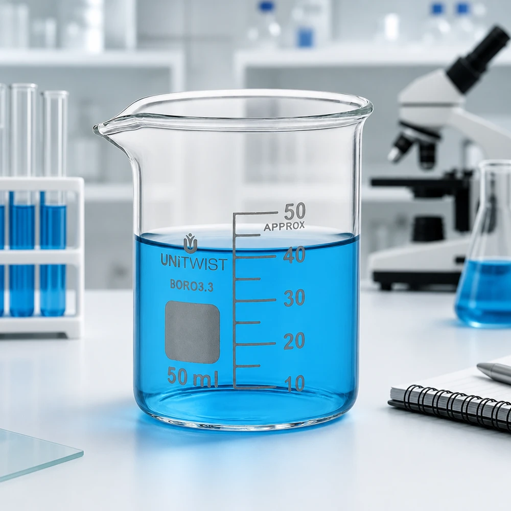 Vaso 50ml borosilicato, molde bajo UNiTWIST Vaso de laboratorio de 50 ml UNiTWIST, de perfil bajo, con un líquido azul que alcanza un nivel de 40 ml