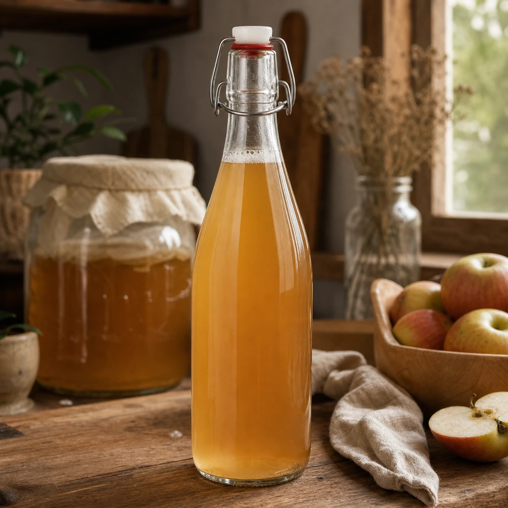 500ml botella de vidrio swing top llena de zumo de manzana cocina rustica fruta bebida casera natural