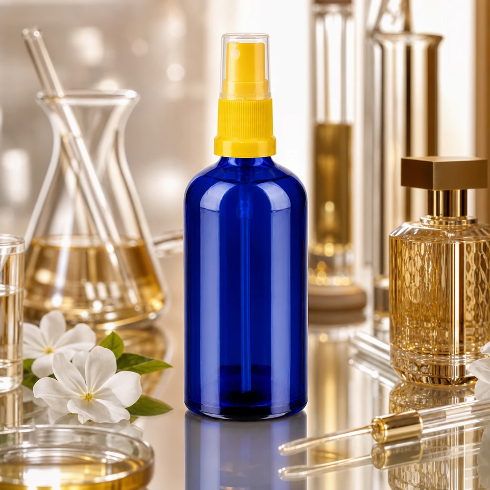 Frasco pulverizador de 100 ml amarillo/transparente con tapón estándar BlueLine UT18/100 Pulverizador profesional de vidrio de 100 ml con rosca STD para aplicaciones de aromaterapia