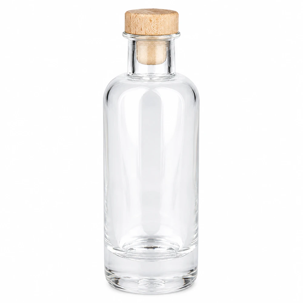 Botella de cristal de 200 ml Ella con corcho de madera transparente vacía Foto del producto sobre fondo blanco