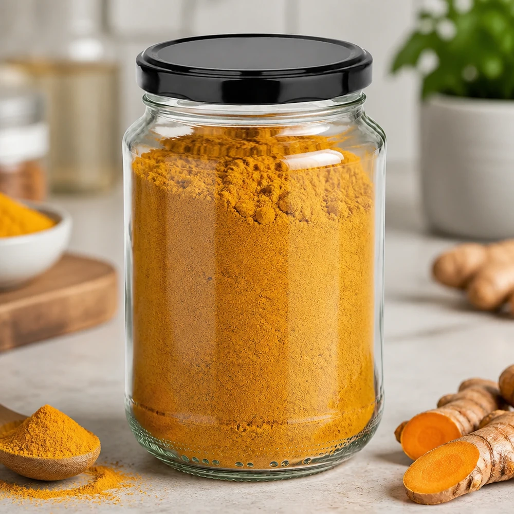 Tarro redondo de 375 ml lleno de cúrcuma en polvo muestra un uso práctico como tarro de especias con tapa negra