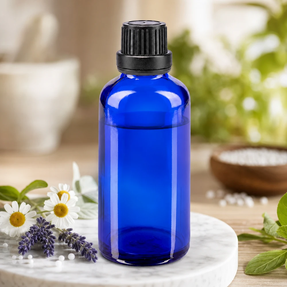 Frasco de cristal azul cobalto de 50 ml con tapón de rosca negro, rodeado de flores de lavanda y manzanilla