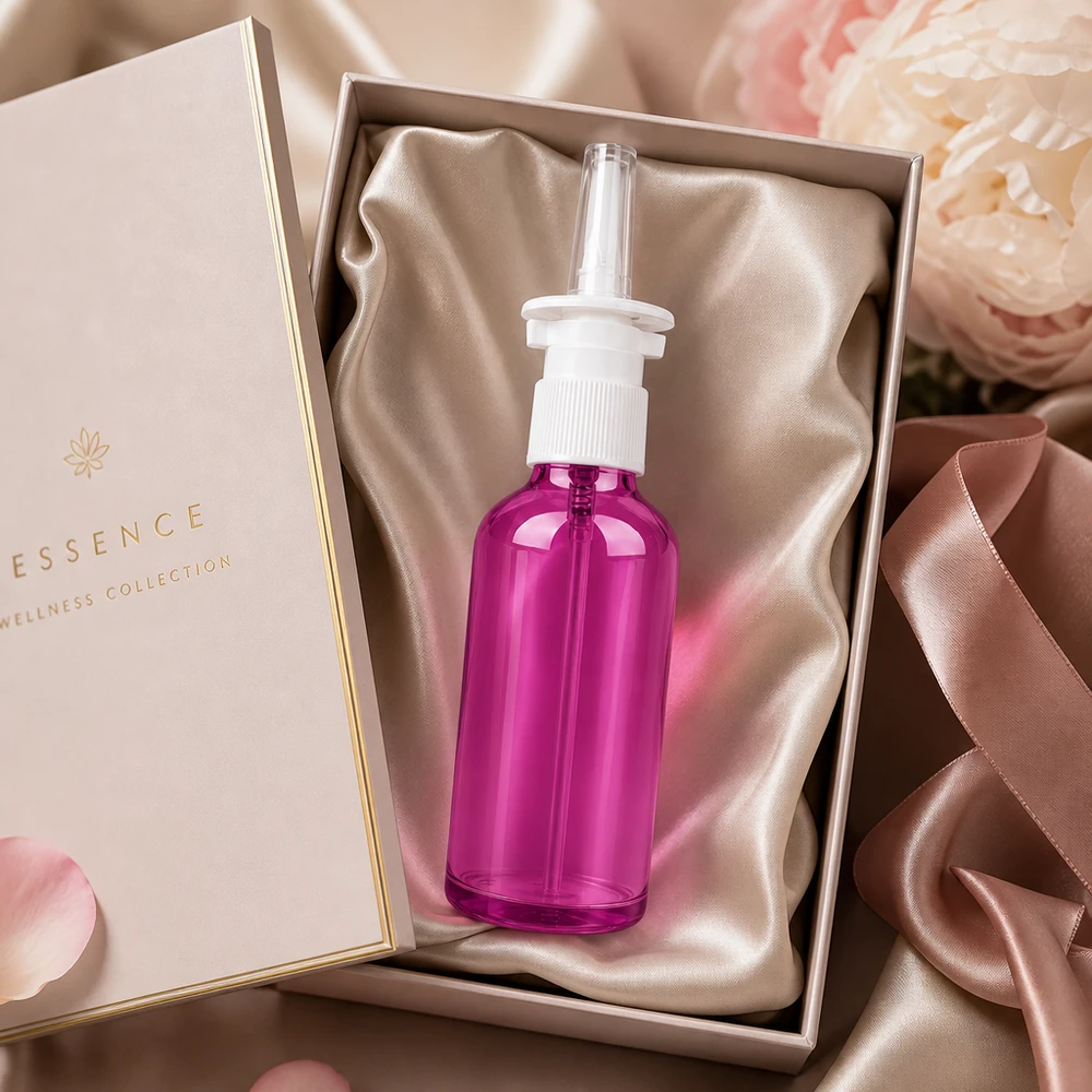 Pulverizador nasal de 50 ml con cabezal blanco y tapón protector en un lujoso acabado morado