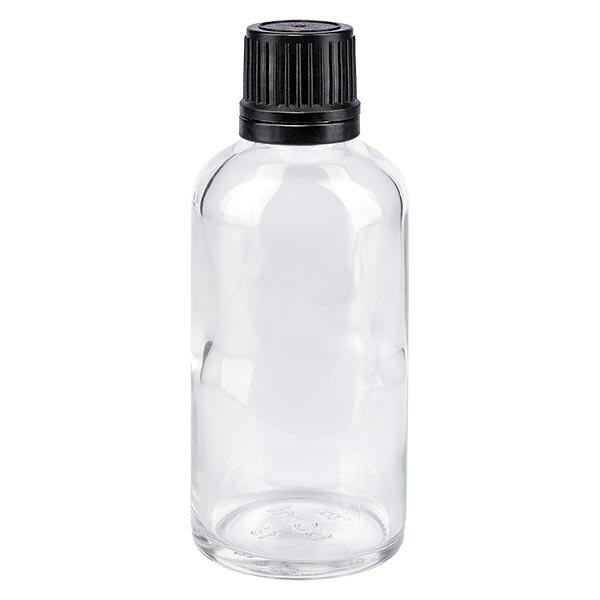 Botella de farmacia transparente 50ml tapón rosca anillo vertedor negro cierre inviolable Botella de farmacia transparente 50ml tapón rosca anillo vertedor negro cierre inviolable