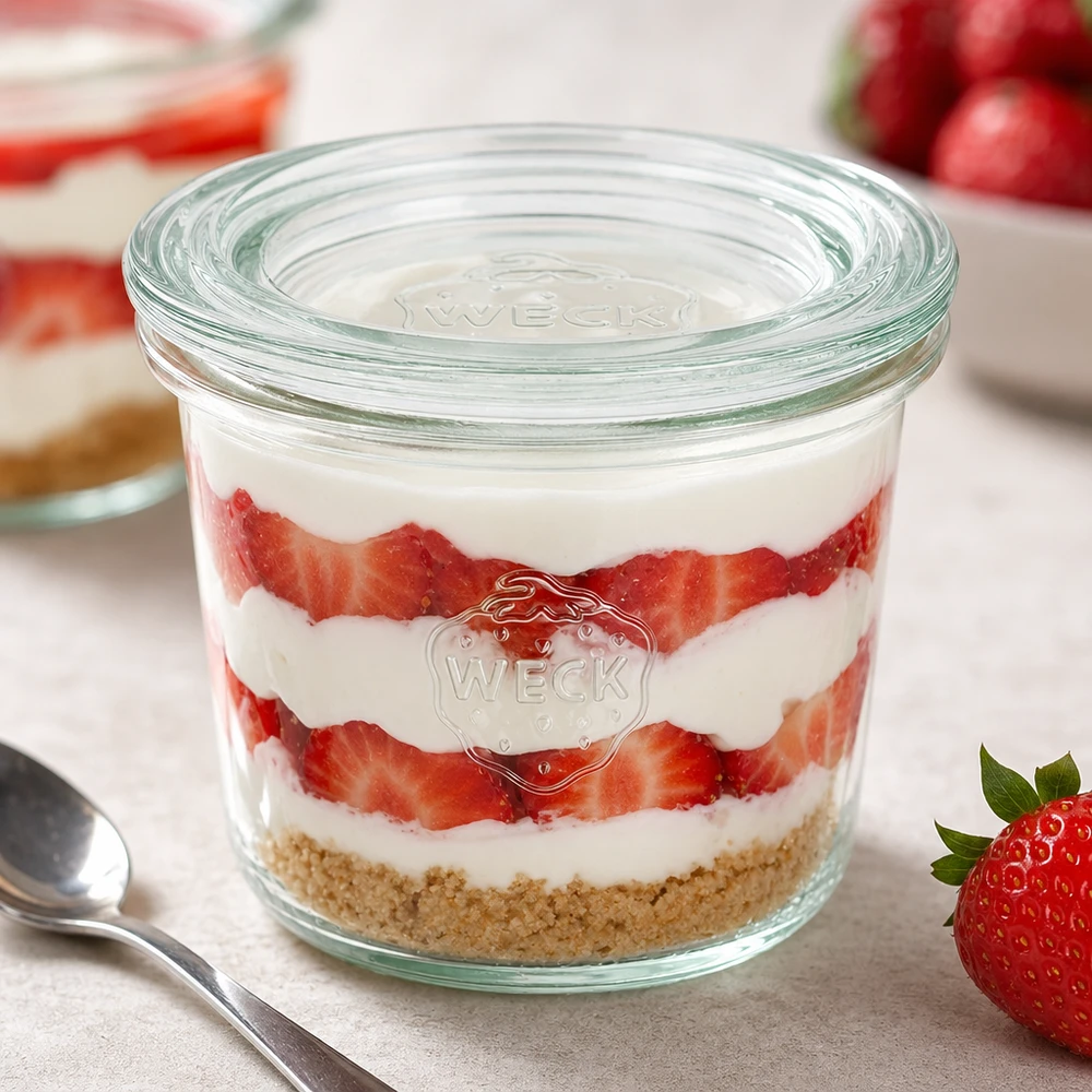 Tarro de cristal de 80 ml con tapa de cristal WECK RR60 Los vasos WECK 80ml RR60 rellenos de crema de fresa para postre muestran un uso versátil como tarro de postre y tarro de porciones