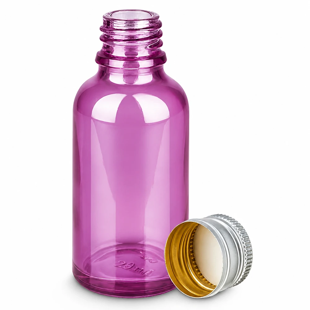 Frasco 30ml tapón rosca 11mm aluminio-plata estándar PurpleLine.UT18/30 Frasco cuentagotas morado de 30 ml con tapa de aluminio para aceites esenciales y cosméticos