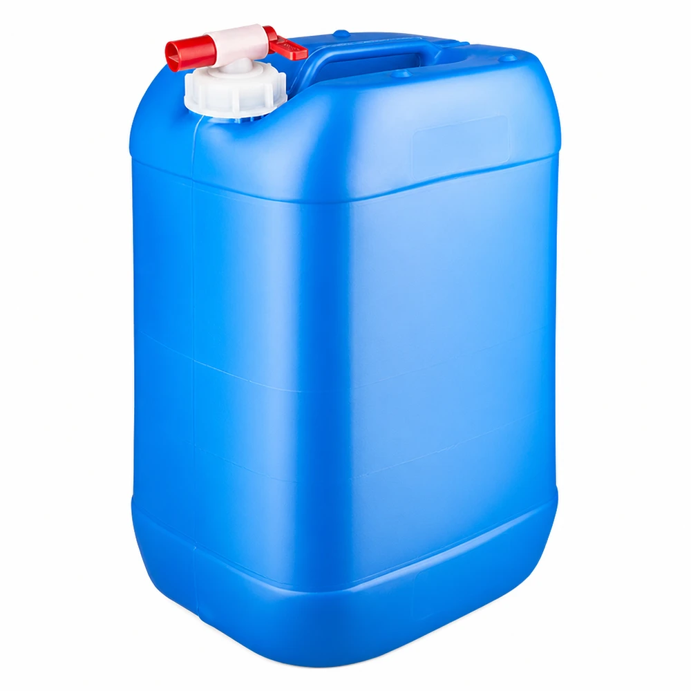 Bidón 25 litros azul con grifo de vaciado Bidón de plástico azul de 25 litros con grifo de salida rojo y tapón de rosca blanco
