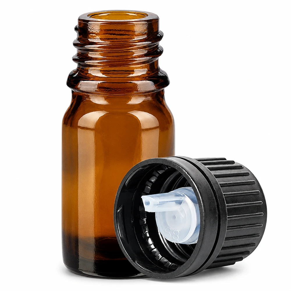 Frasco cuentagotas de vidrio ámbar de 5 ml con abertura de 1 mm y tapón de rosca negro serie BrownLine