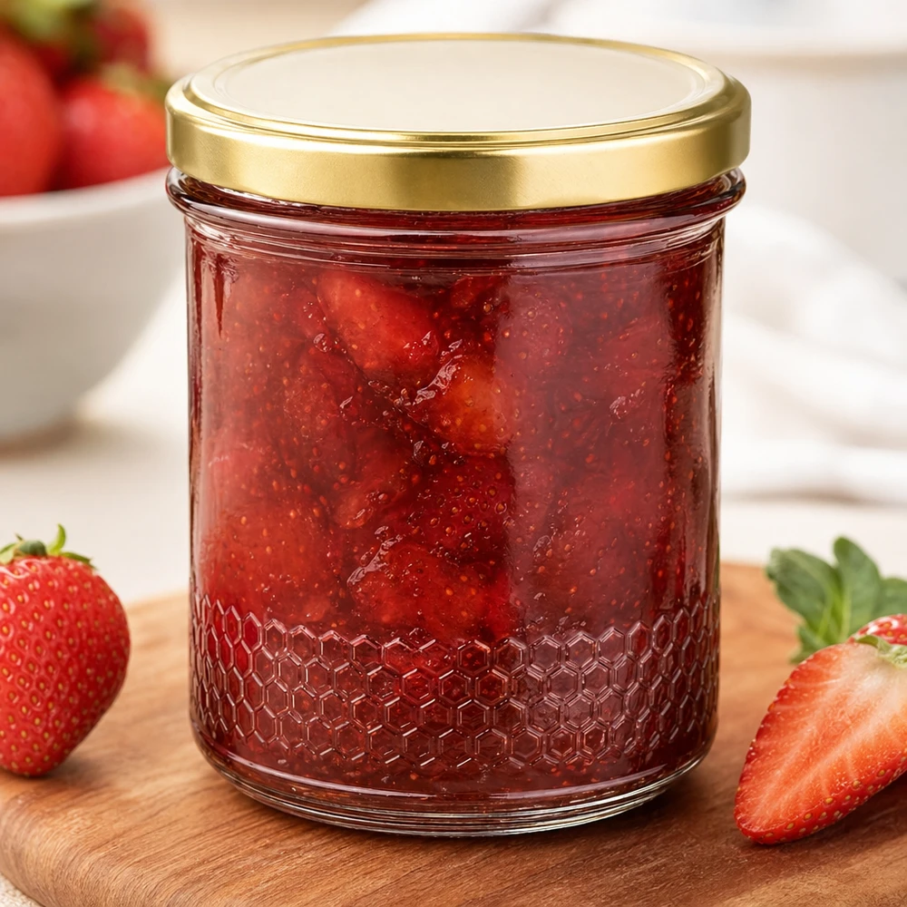 Tarro de miel de 400 ml con tapa dorada BasicSeal UNiTWIST como tarro de mermelada para mermelada de fresa con base de panal de abeja