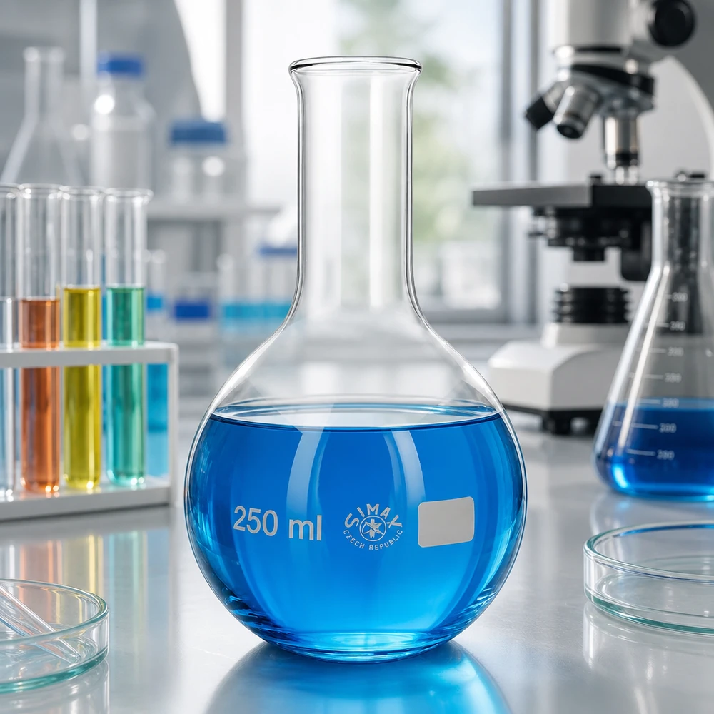 Matraz 250ml cuello estrecho Frasco de 250 ml de cuello estrecho con líquido azul en el laboratorio