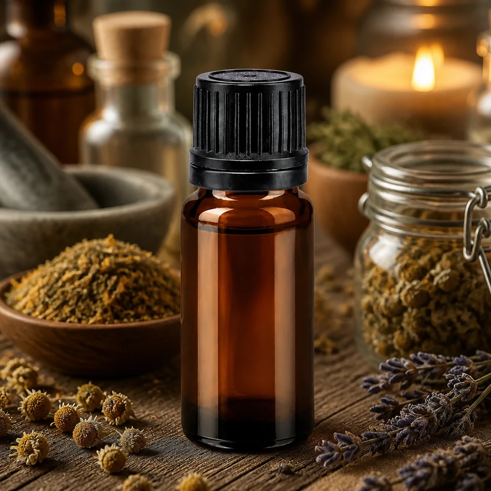Frasco marrón de 10 ml de cristal de farmacia con tapón negro de rosca, entre hierbas secas