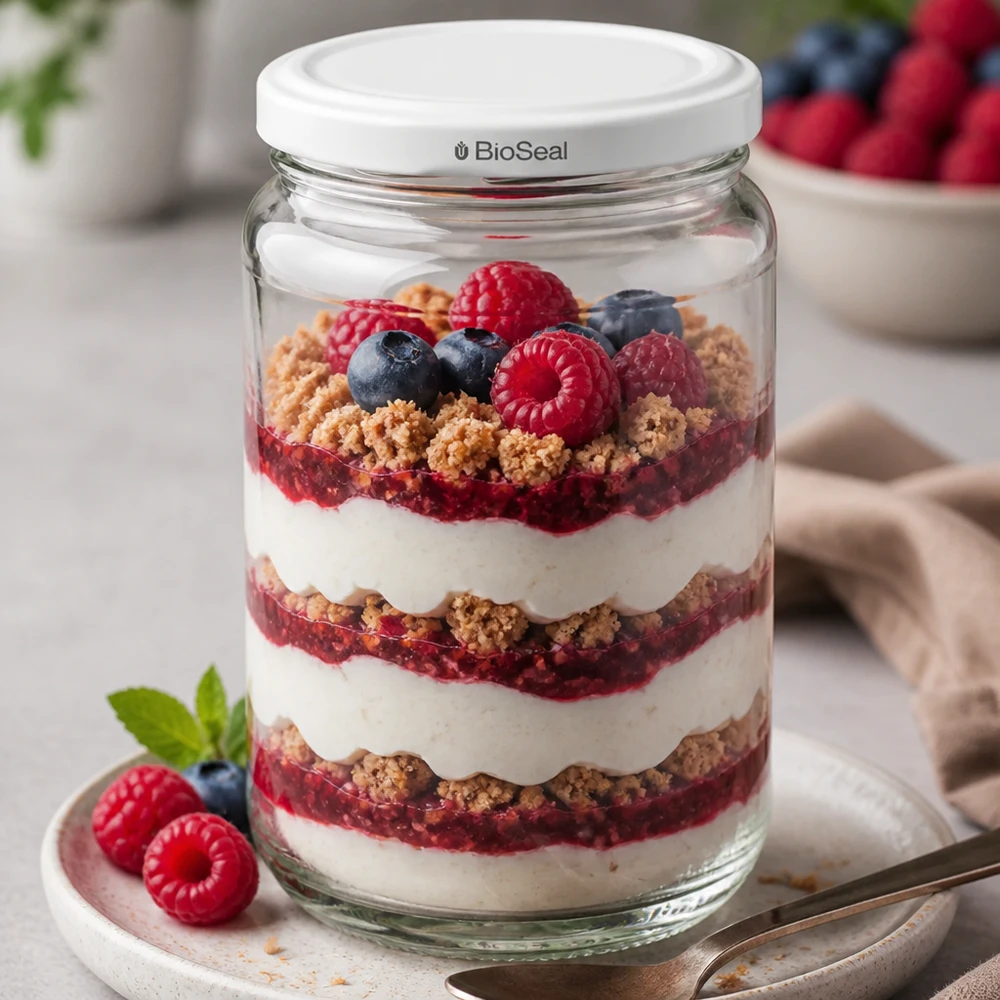 UNiTWIST Runda305 con tapa BioSeal como vaso de postre - postre en capas con bayas y yogur servido con estilo