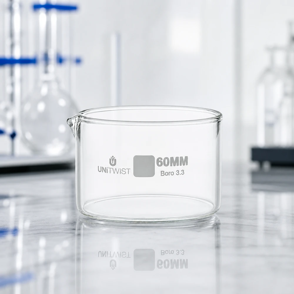 Plato cristalizador ø60mm vidrio borosilicato UNiTWIST Cubeta de cristalización vacía de 60 mm UNiTWIST Boro 3.3 sobre fondo de laboratorio con un matraz Erlenmeyer