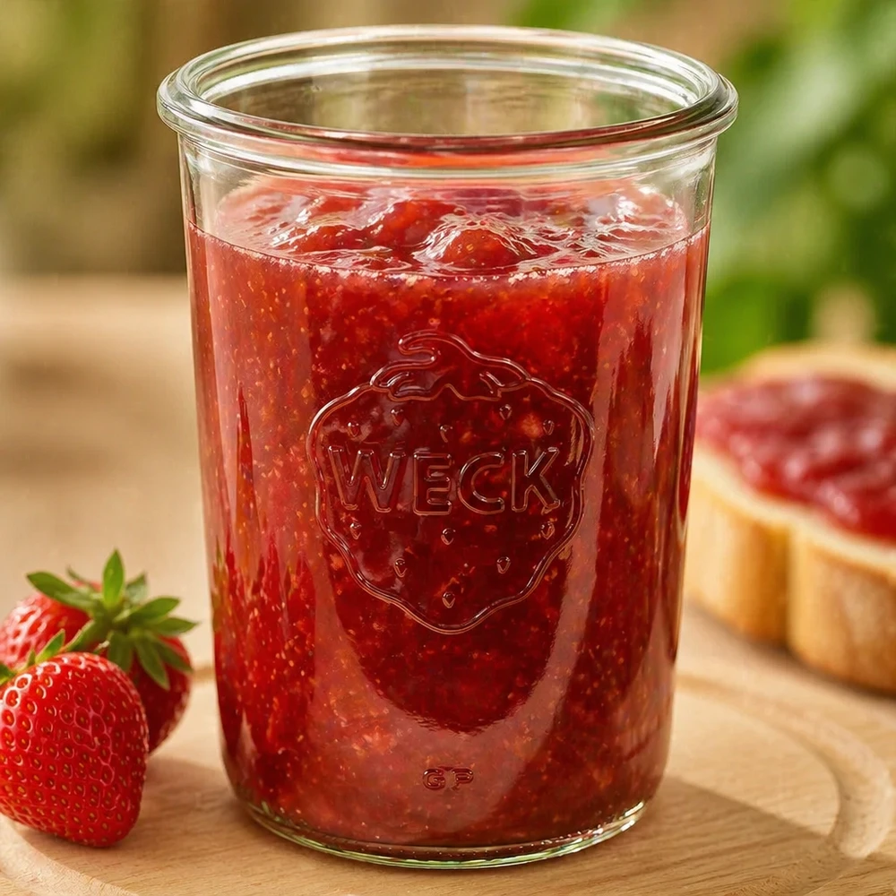 Vaso de 850ml WECK RR100 850ml WECK Sturzglas RR100 mit Erdbeermarmelade gefüllt auf Holzbrett neben frischen Erdbeeren und Brot
