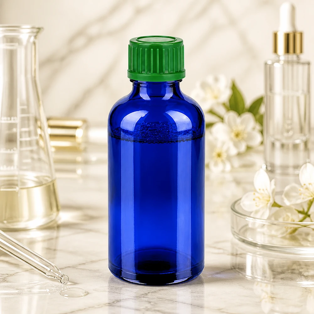 Frasco 50ml 11mm tapón rosca verde estándar BlueLine UT18/50 Frasco de vidrio azul de 50 ml con tapón de rosca de 11 mm para una dosificación precisa de las esencias