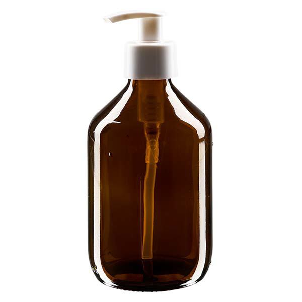 Frasco para medicamentos de 300ml marrón, con bomba dispensadora ApoGlas blanca. Frasco para medicamentos de 300ml marrón, con bomba dispensadora ApoGlas blanca.