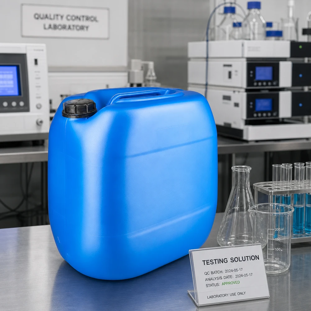 Bidón azul de 30 litros con tapón de rosca OV en el laboratorio de control de calidad, junto a unos matraces de Erlenmeyer