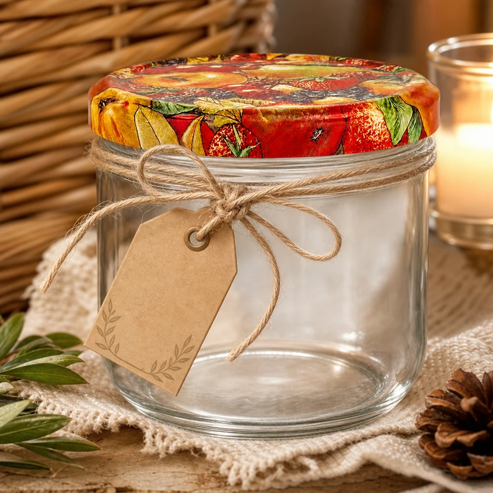 Vasos 260ml + tapa BasicSeal decoración frutas UNiTWIST 260ml Sturzglas mit Obst-Dekor Deckel und rustikaler Geschenkverpackung mit Juteschnur und Anhänger