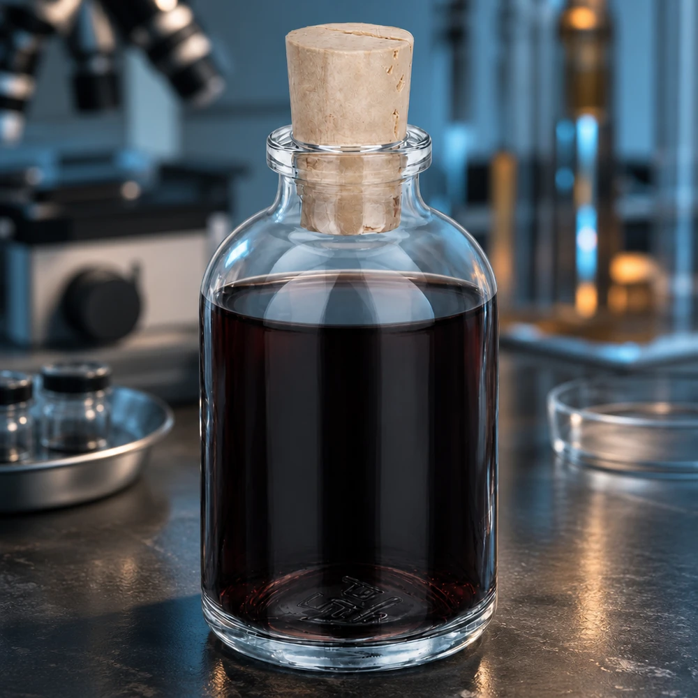 Botella de vidrio transparente 50ml con tapón 11/14mm Borosilikatglasflasche 50ml mit Korkstopfen im professionellen Laborumfeld mit Mikroskop