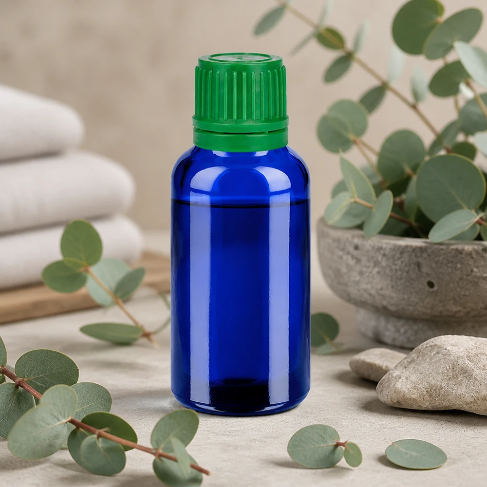 Frasco 30ml 11mm tapón rosca verde con precinto BlueLine UT18/30 Frasco de vidrio de 30 ml de color azul brillante con tapón de rosca verde para cosméticos naturales
