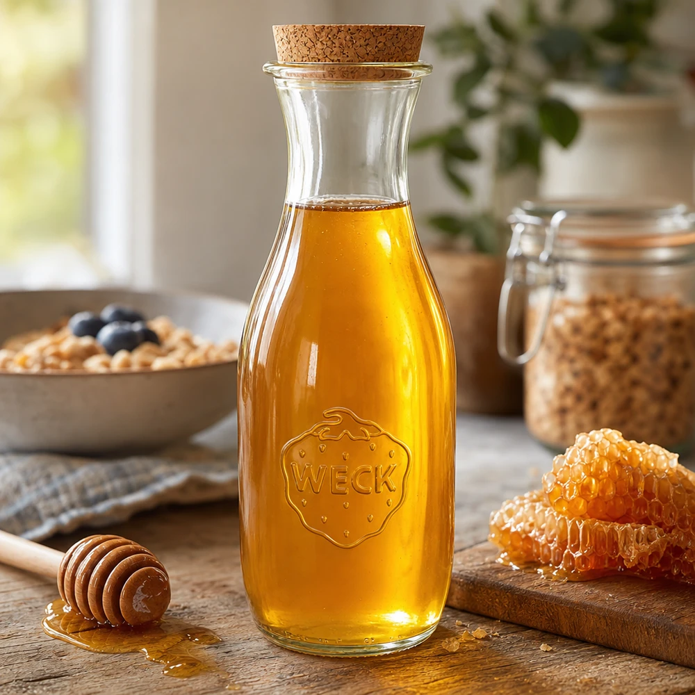 1062ml botella de zumo WECK RR60 con corcho natural Botella de zumo WECK de 1062 ml llena de miel dorada, corcho natural y miel de panal en una acogedora escena de cocina