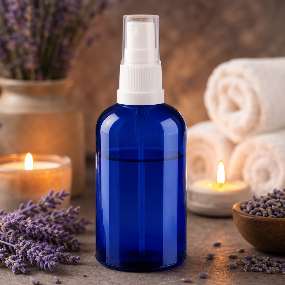 Frasco pulverizador de cristal azul de 100 ml con pulverizador de bomba blanco para aromaterapia y bienestar