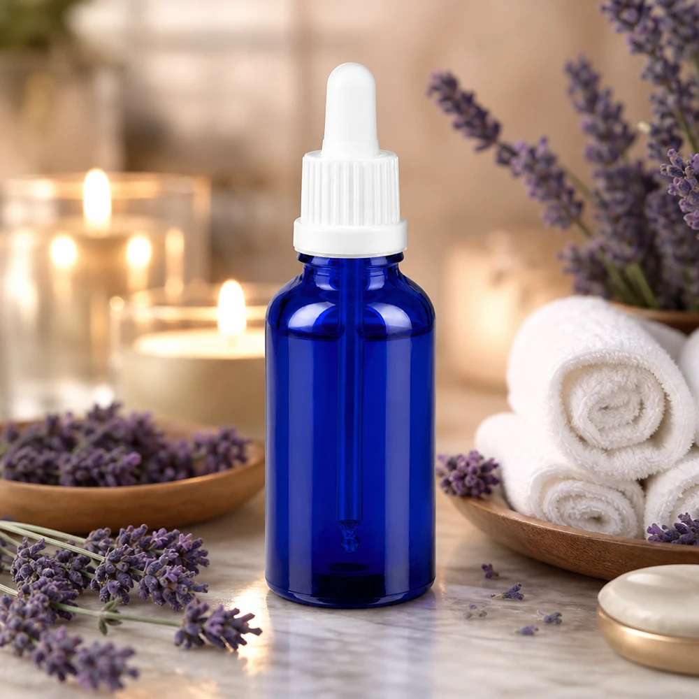 Frasco pipeta 30ml cierre inviolable blanco BlueLine UT18/30 Frasco pipeta 30ml azul cobalto con cuentagotas para aromaterapia y aceites esenciales BlueLine UT18