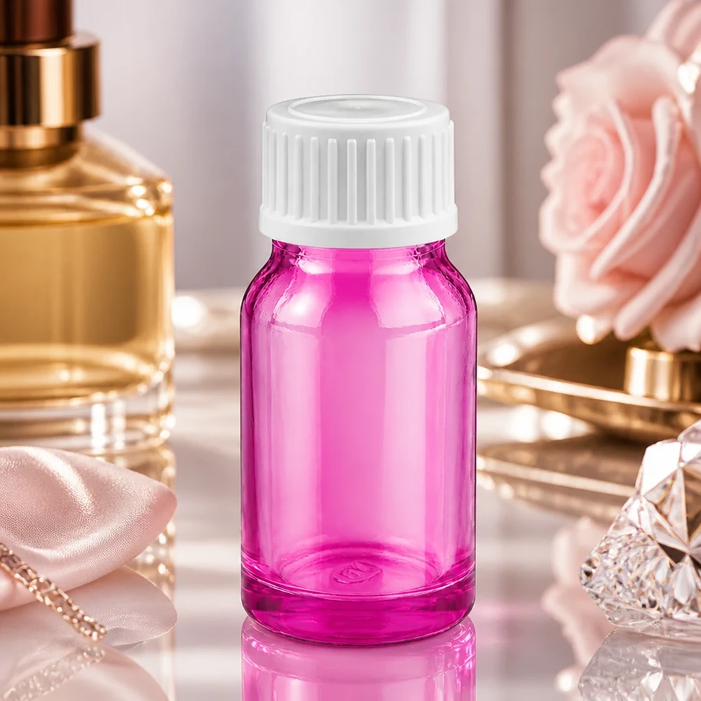 Frasco compacto de vidrio de 10 ml en color morado con rosca blanca UT18/10 para facilitar su manejo