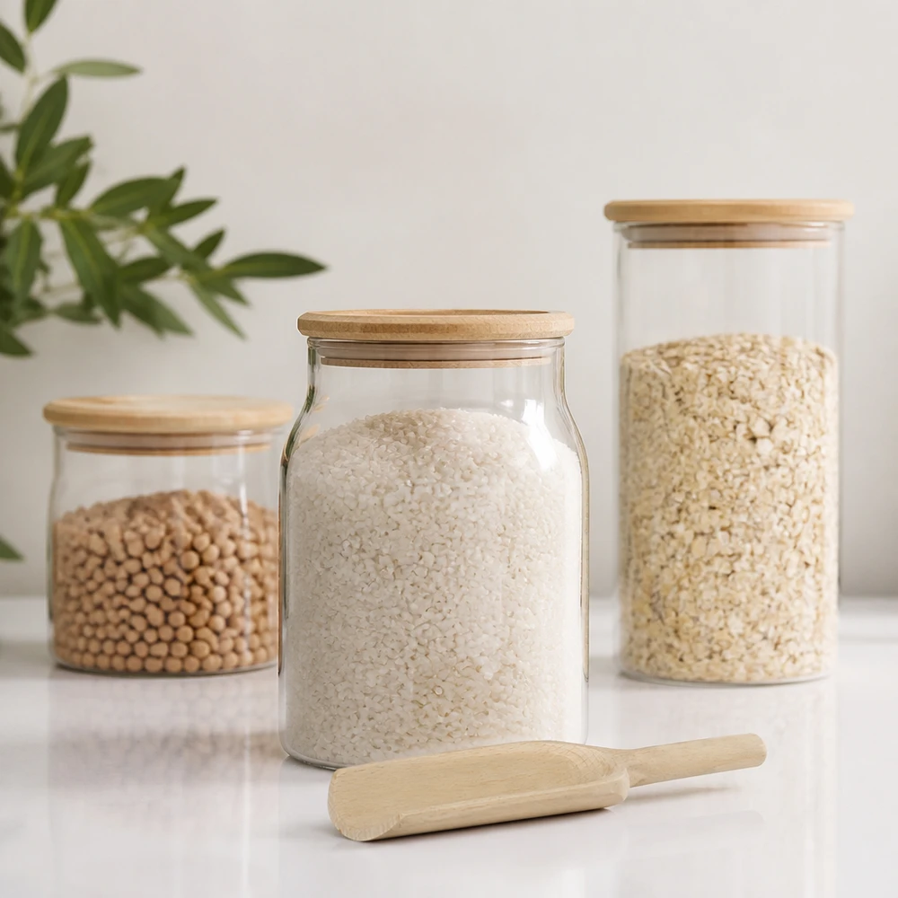 Pala de madera L 18cm plana junto a tarros de almacenaje con arroz cereales y legumbres Zero Waste accesorios de cocina