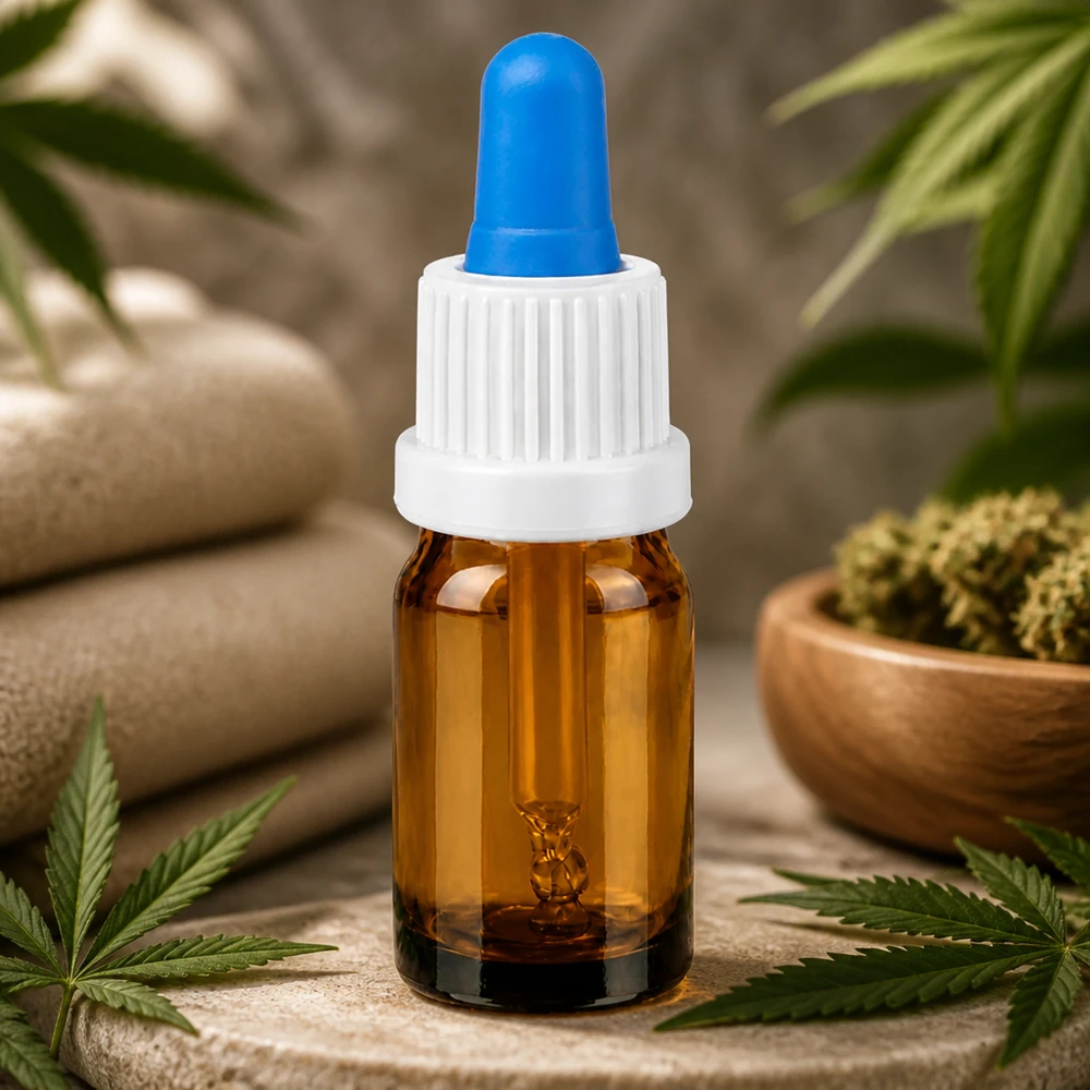 Pequeño frasco pipeta de 5 ml de color ámbar con tapón blanco y cuentagotas azul para aceites esenciales