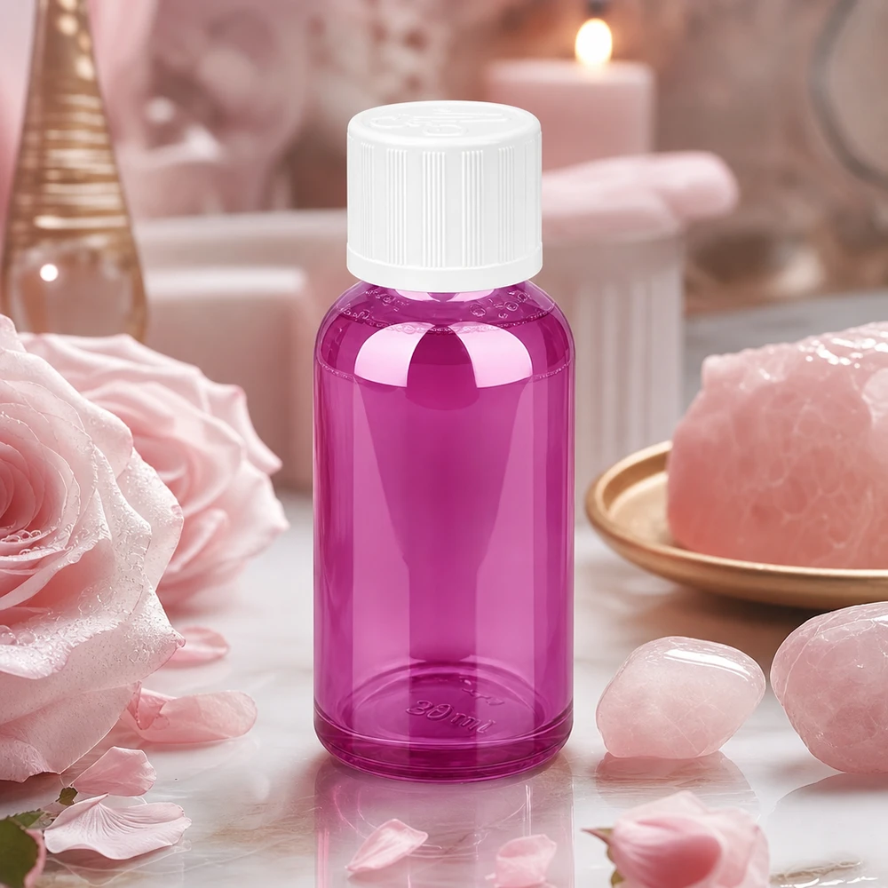 Botella de 30ml con tapón de rosca blanco de 11mm a prueba de niños PurpleLine UT18/30 Frasco de cristal compacto de 30 ml en un delicado color violeta, ideal para viajar y para llevar.