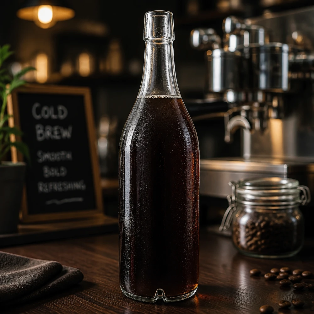 Botella de vidrio de 1000 ml sin tapón giratorio UNiTWIST 1000ml botella de vidrio UNiTWIST lleno de Cold Brew Café en grano atmósfera de café tapón de rosca oscuro