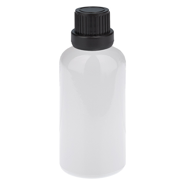 Botella de 50 ml con tapón de rosca de 11 mm negro, tapón de seguridad WhiteLine UT18/50 Botella de 50 ml con tapón de rosca de 11 mm negro, tapón de seguridad WhiteLine UT18/50